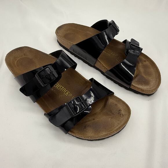 Birkenstock Ibiza Two Strap Black Patent Birk Flor Sandals Sz 39 EU / 8 US Women - Picture 1 of 9
